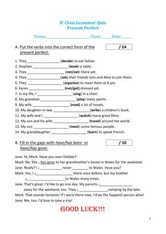 B' Class -Present Perfect Quiz