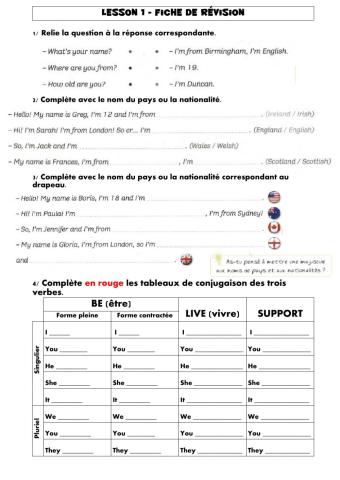 Fiche de révision Unit 1 Lesson 1