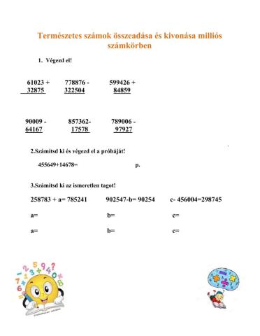 Összeadás és kivonás milliós számkörben