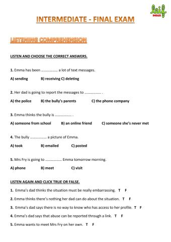 INTERMEDIATE TEST DECEMBER - Listening and Reading