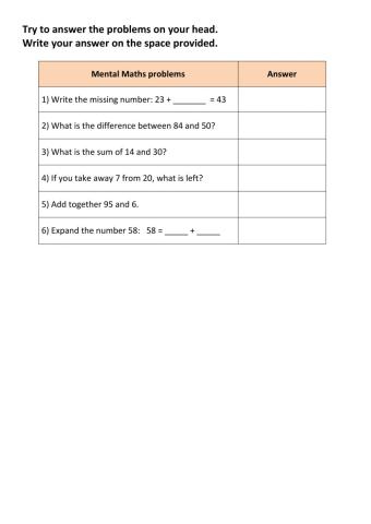 Mental Maths (Addition and Subtraction)