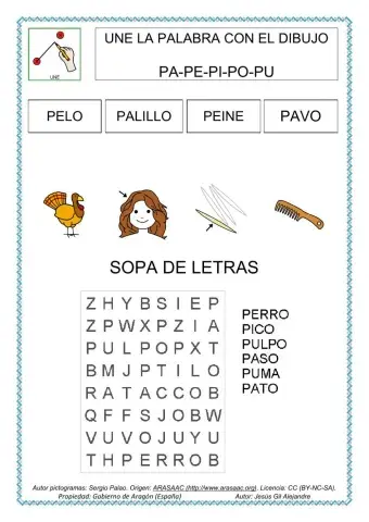 Une palabra y dibujo  Y SOPA DE LETRAS PA PE PI PO PU