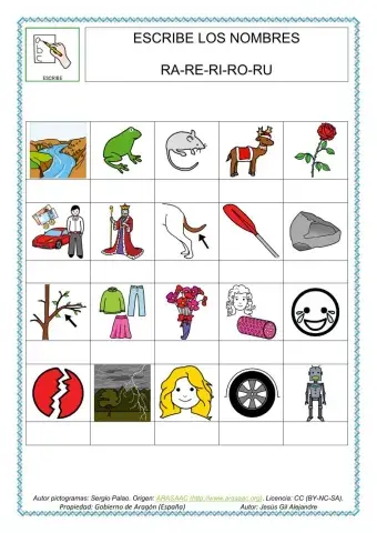 Escribe estas 20 palabras con RA RE RI RO RU