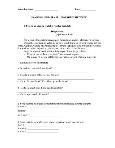 Evaluare unitatea iii : „Poveştile prieteniei”