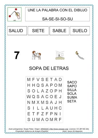 Une palabra y dibujo  Y SOPA DE LETRAS sa se si so su