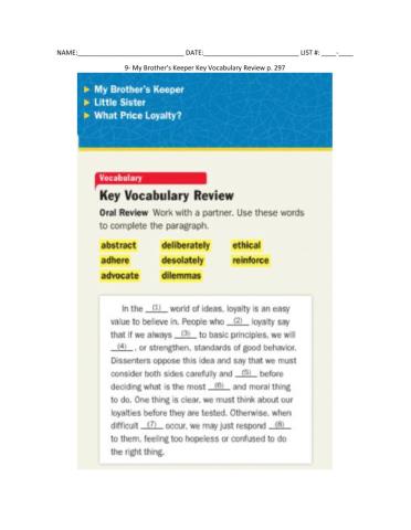 9- My Brother's Keeper Key Vocabulary Review p. 297