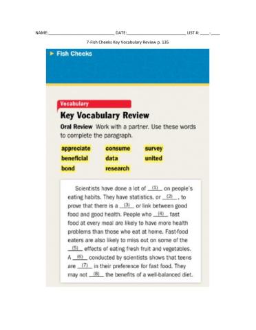 7-Fish Cheeks Key Vocabulary Review p. 135
