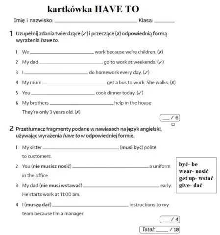 Kartkówka have to klasa 6