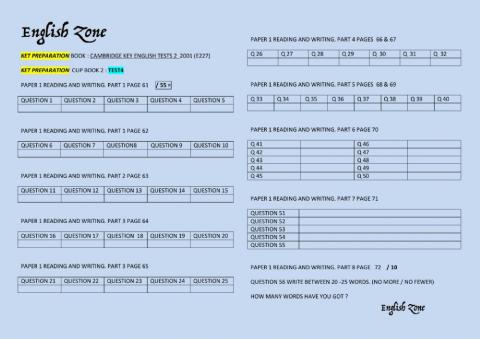 Answer sheet - ket  practice - test 4  - pages  61-72 -