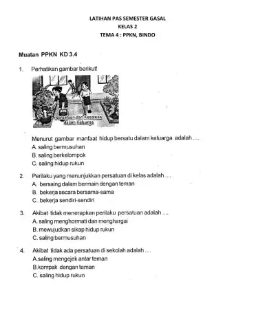 Latihan PAS Tema 2 Kelas 4 PPKn & BINDO S1