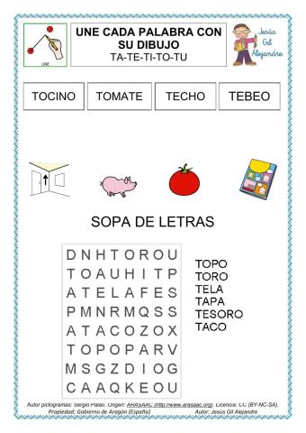 Une palabra y dibujo con ta te ti to tu y sopa de letras