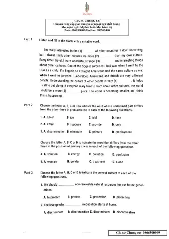 Lớp 10 - Kiếm tra 45p (unit 6,7 test 19)