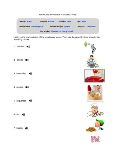 Vocabulary Review for “Almuerzo” Story