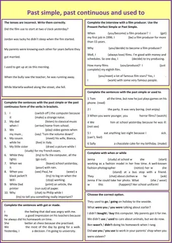 Past simple, past continuous, past perfect, present perfect and present perfect continuous