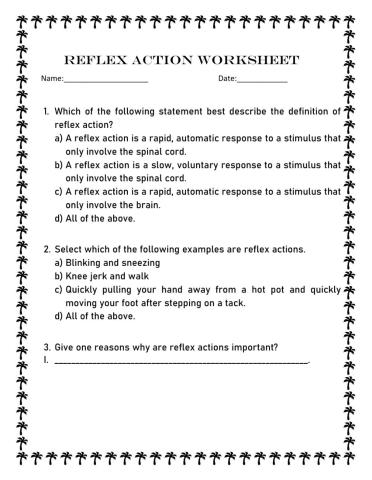 Reflex action & Reflex arc Worksheet