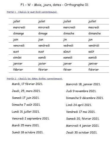 F1 - W - Mois, jours, dates - Orthographe 01