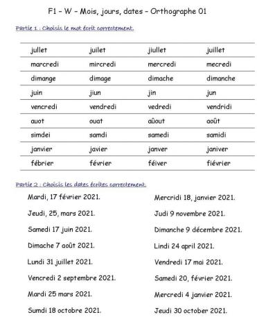 F1 - W - Mois, jours, dates - Orthographe 01