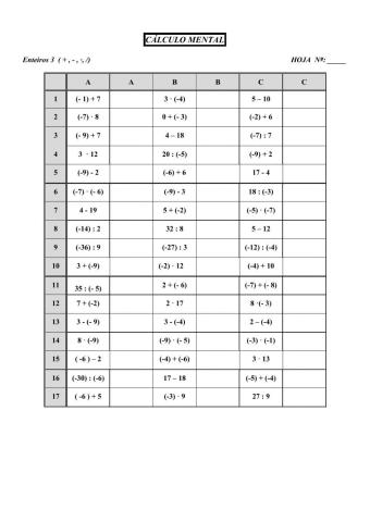 Cálculo mental. Operacións combinadas con números enteros