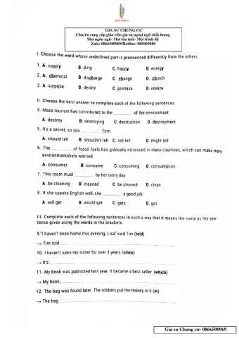 Lớp 10 - test 15 phút Unit 8,9