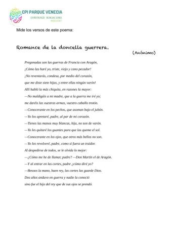 Métrica del poema, romance de La Doncella Guerrera.