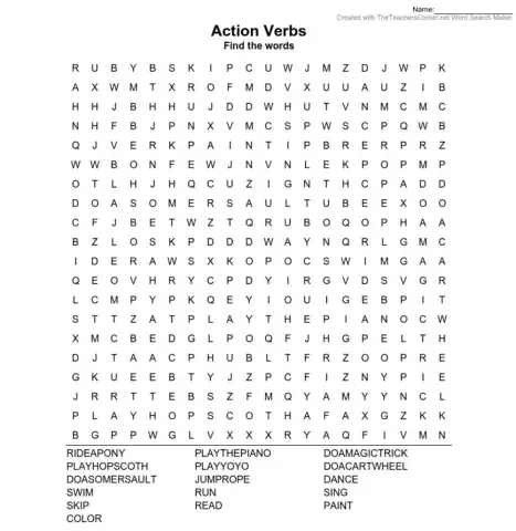 Action Verbs Wordsearch