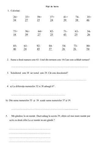 Adunări și scăderi , cu numere de la 0 la 100