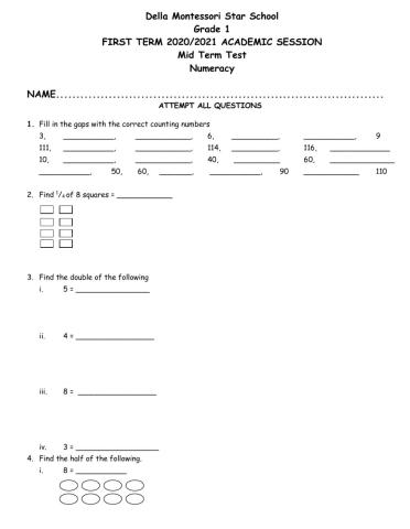 Grade 1 numeracy mid term test