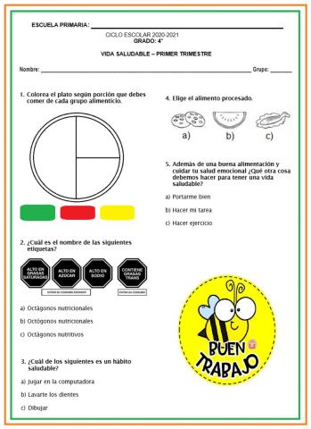 Examen de vida saludable 4° grado-primer trimestre