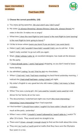 Upper 1 FT grammar and voc