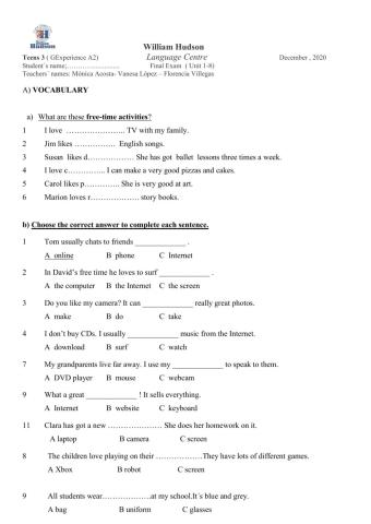 Teens 3 - Final Exam -Vocabulary & Writing