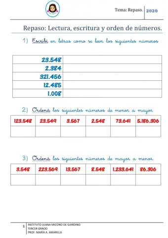 Lectura, escritura y orden de números