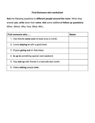 Find someone who phrasal verbs socializing