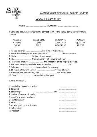 Mastering Unit 10 Vocabulary Test
