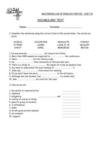 Mastering Unit 10 Vocabulary Test