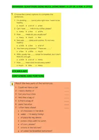QUANTIFIERS: HOW MUCH HOW MANY A FEW A LITTLE A LOT OF - CONTAINERS
