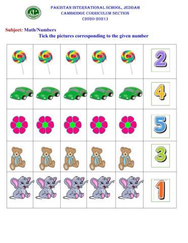 Tick the pictures corresponding to the given number