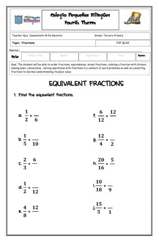 Pop quiz - Fractions -third grade- fourth term -2020