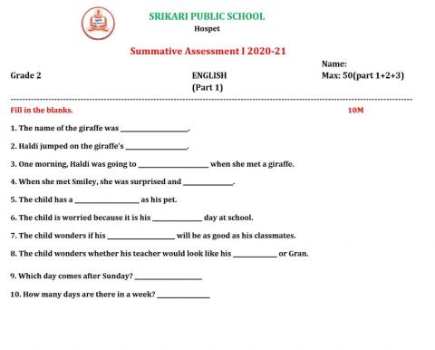 Srikari Public School II std English SA 1 Part 1
