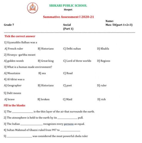 Srikari Public School VII std Social SA 1 Part 1