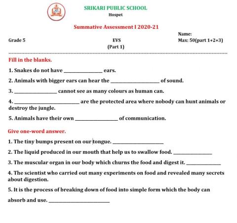 Srikari Public School V std EVS SA 1 Part 1