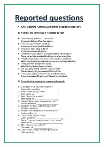 Reported questions worksheet