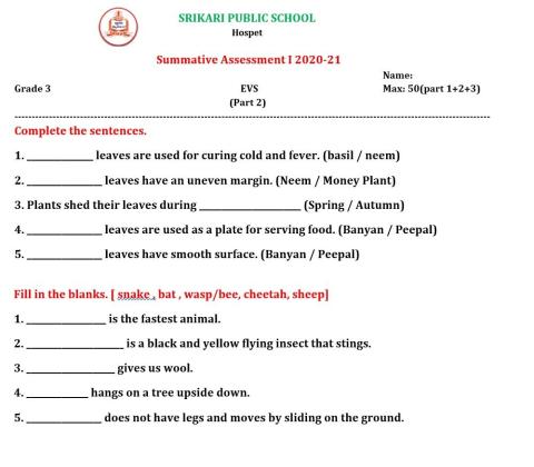 Srikari Public School III std EVS SA 1 Part 2