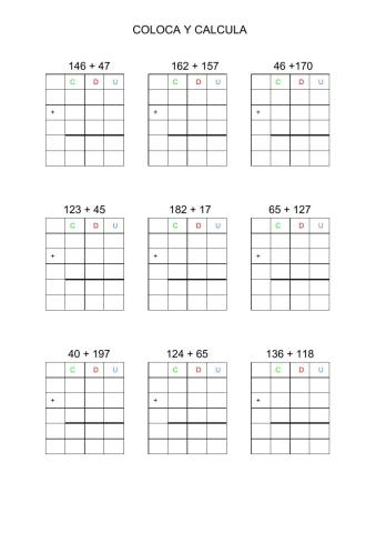 Sumas con llevadas, Coloca y calcula