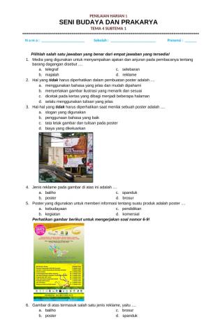 Penilaian Harian 1 Seni Budaya dan Prakarya Tema 4 Subtema 1