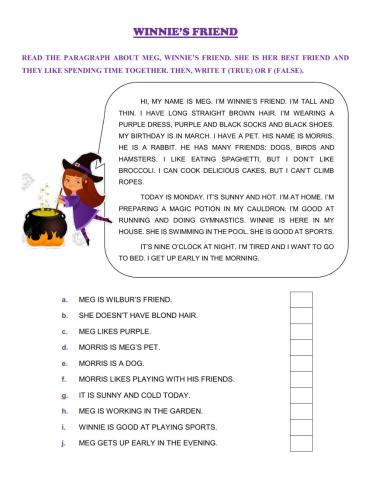 Winnie - Reading Comprehension - Meg, Winnie's Friend
