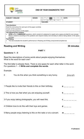 End of year diagnostic test-reading and writing