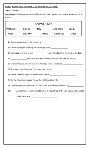 Columbus Worksheet