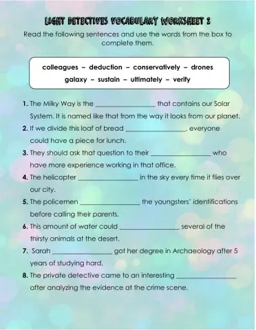 Light Detectives Vocabulary Worksheet 2