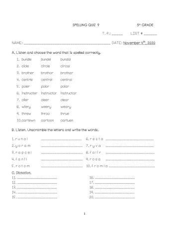 5th Grade Spelling Quiz -9