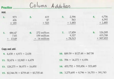 Column Addition Grade 6